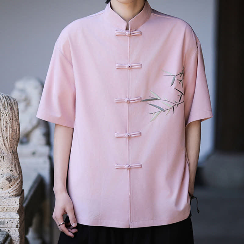 Buddha Stones Summer Tang Style Mandarin Collar Frog Button Bamboo Embroidery Men's Short Sleeve Shirts - image 25