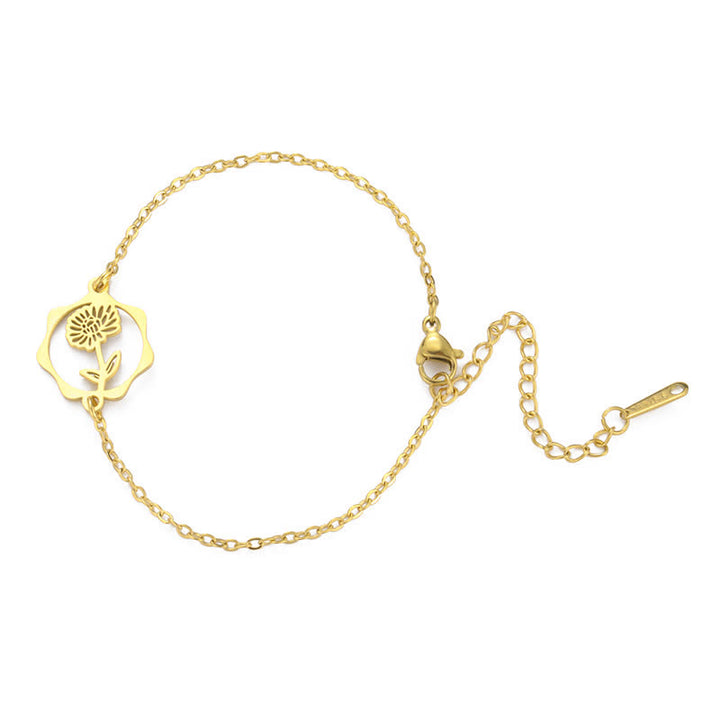 Buddha Stones Titanium Steel Birth Flower New beginning Bracelet - Chrysanthemum - Golden Titanium Steel - image 11