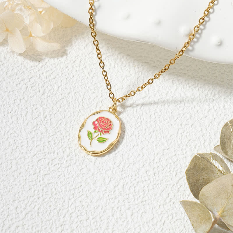 Buddha Stones Titanium Steel Birth Flower Strengthen Pendant Necklace - Rose - Golden Titanium Steel - image 13