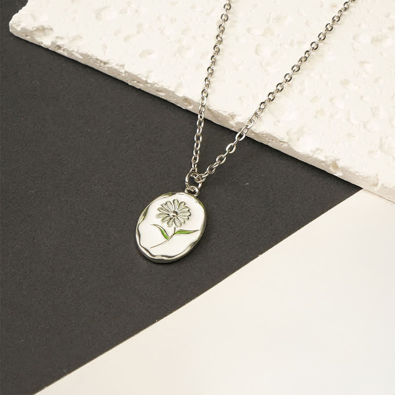 Buddha Stones Titanium Steel Birth Flower Strengthen Pendant Necklace - Daisy - Silvery Titanium Steel - image 9