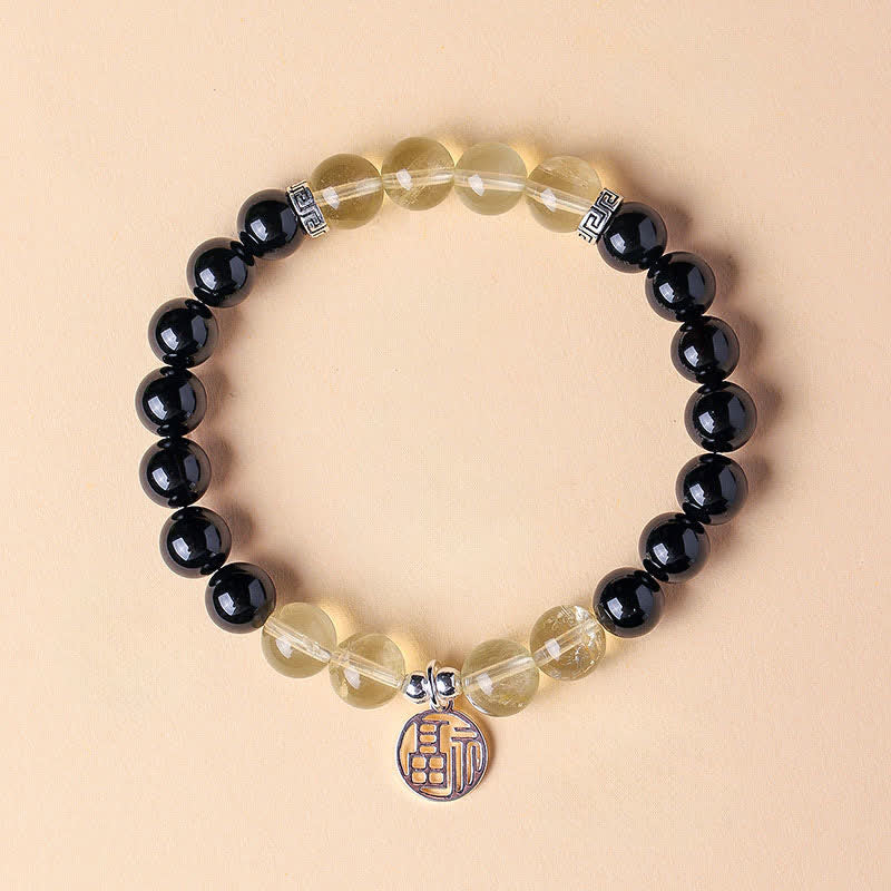 Buddha Stones Black Onyx Fu Character Beaded Luck Bracelet - Black Onyx Citrine(Wrist Circumference:15–16 cm) - image 1