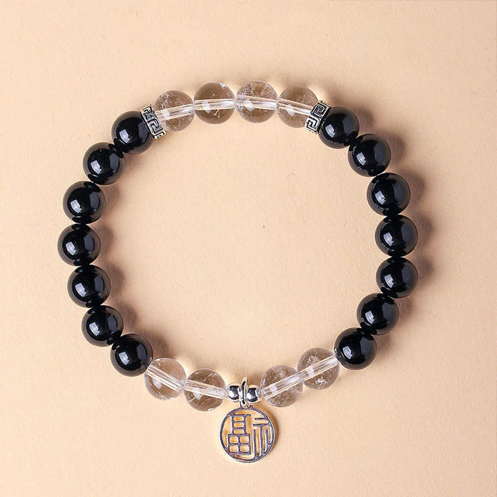 Buddha Stones Black Onyx Fu Character Beaded Luck Bracelet - Black Onyx Clear Quartz(Wrist Circumference:15–16 cm) - image 0