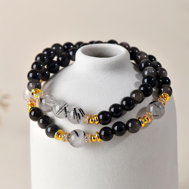 Buddha Stones Natural Silver Sheen Obsidian Double Wrap Soothing Bracelet - image 2