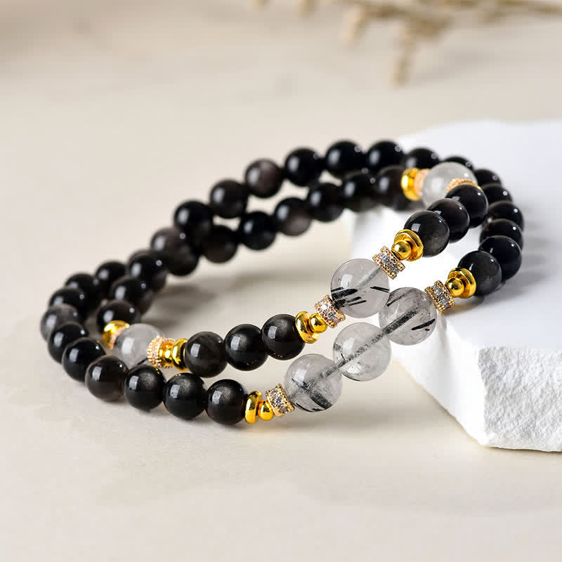 Buddha Stones Natural Silver Sheen Obsidian Double Wrap Soothing Bracelet - image 1