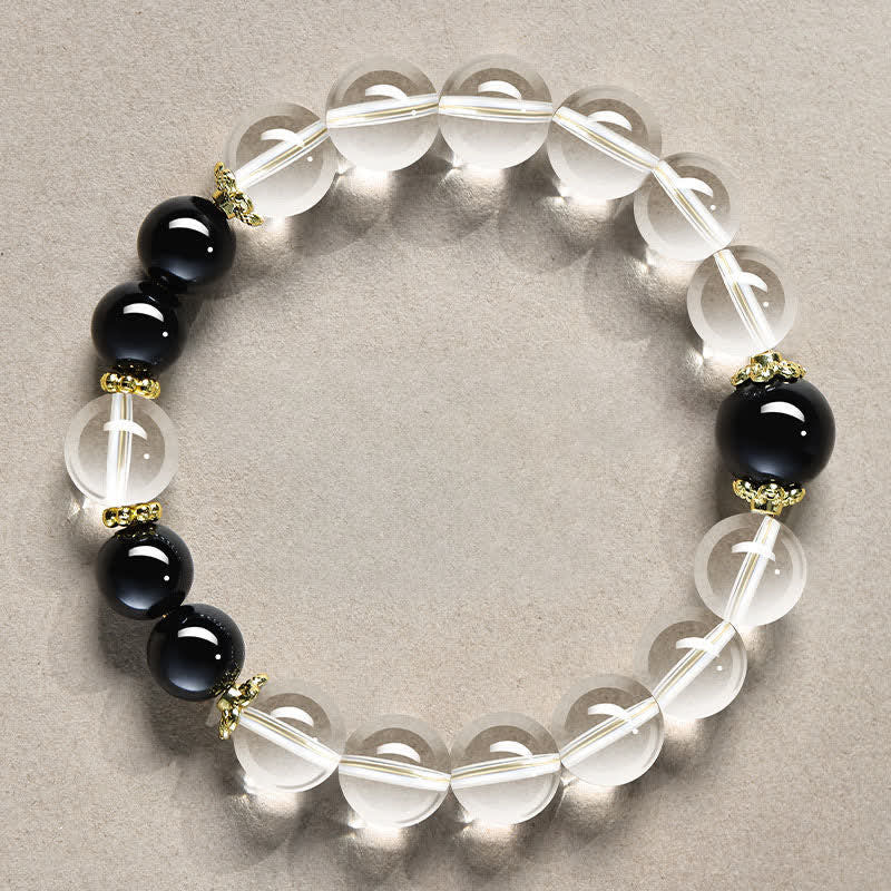 Buddha Stones Natural Clear Quartz Beaded Healing Bracelet - 10mm Clear Quartz Black Obsidian(Wrist Circumference:16–17 cm) - image 4