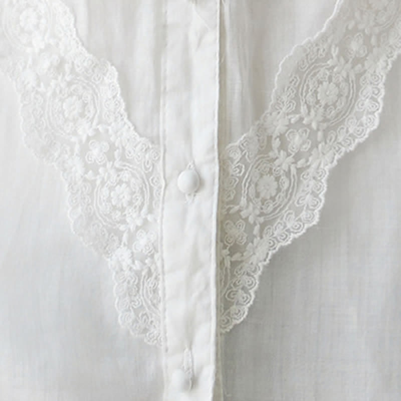 Buddha Stones Summer Solid V-Neck Lace-trimmed Women's Elbow-Length Sleeve Shirts - image 10