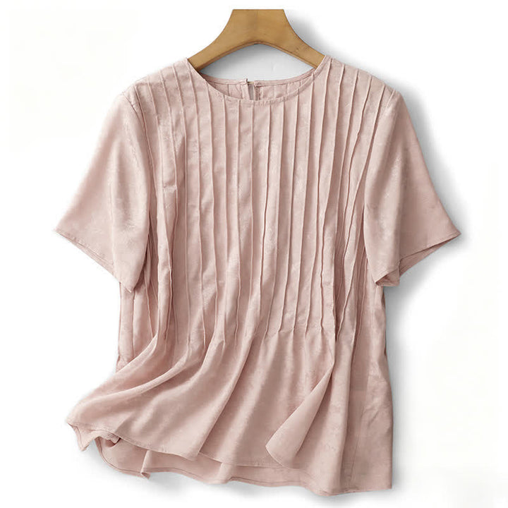Buddha Stones Summer Elegant Pleated Solid Women's Short Sleeve T-Shirts - LightPink - US6，UK/AU10，EU38 (XL) - image 0