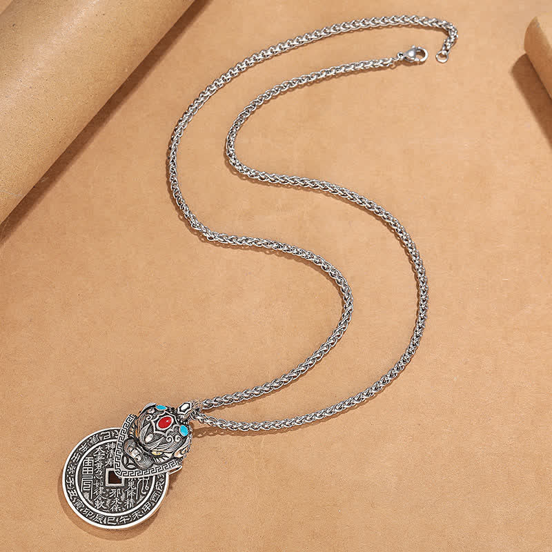 Buddha Stones Copper PiXiu Chinese Coin Wealth Enamel Vintage Necklace - image 2