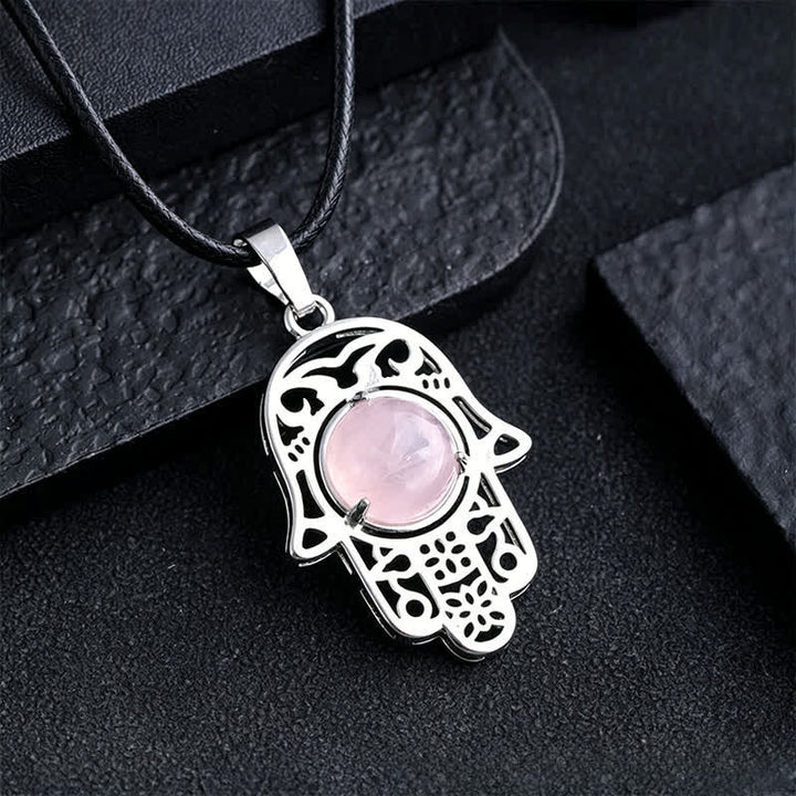 Buddha Stones Natural Black Obsidian Hamsa Palm Inlay Crystal Strength Necklace - Natural Rose Quartz(Color May Vary) - image 18