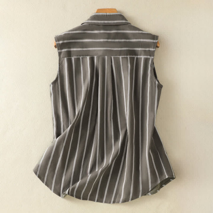 Buddha Stones Summer Vintage Button-Up Striped Women's Sleeveless Shirts With Patch Pocket - image 1