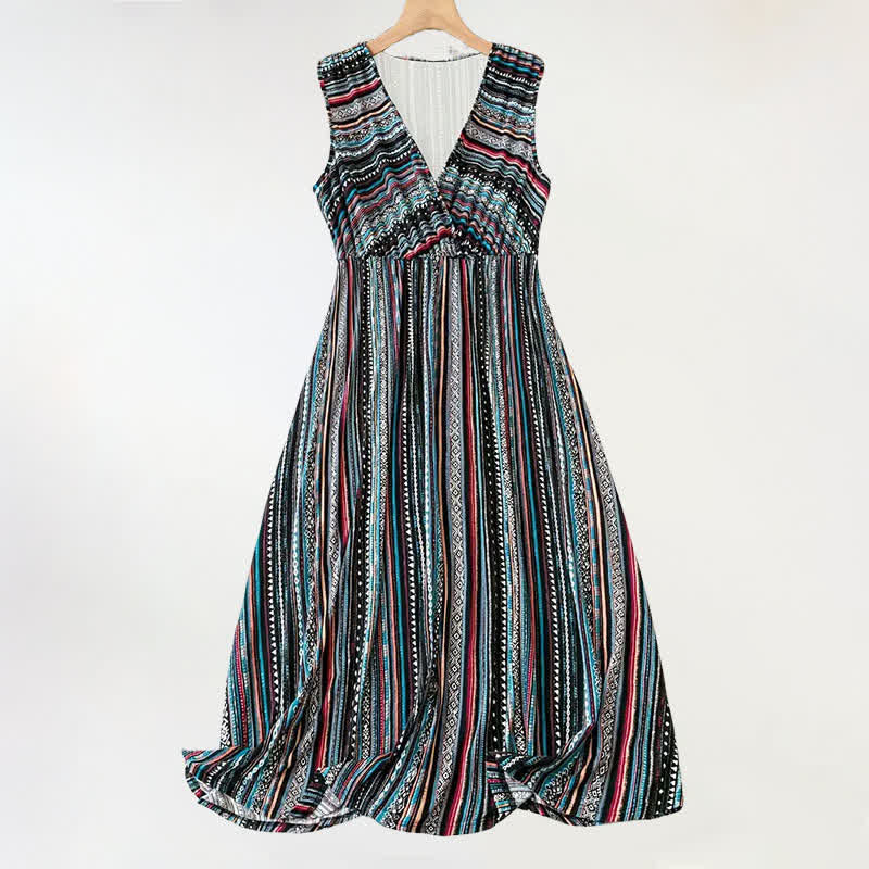 Buddha Stones Summer Bohemian Stripes V-Neck Women's Summer Sleeveless Dress - Black - US18，UK/AU22，EU50 (5XL) - image 0