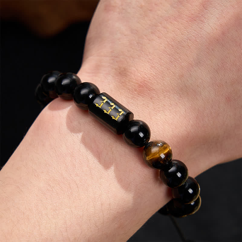 Buddha Stones Angel Number Natural Black Obsidian Tiger Eye Strength Fulfillment Bracelet - image 3