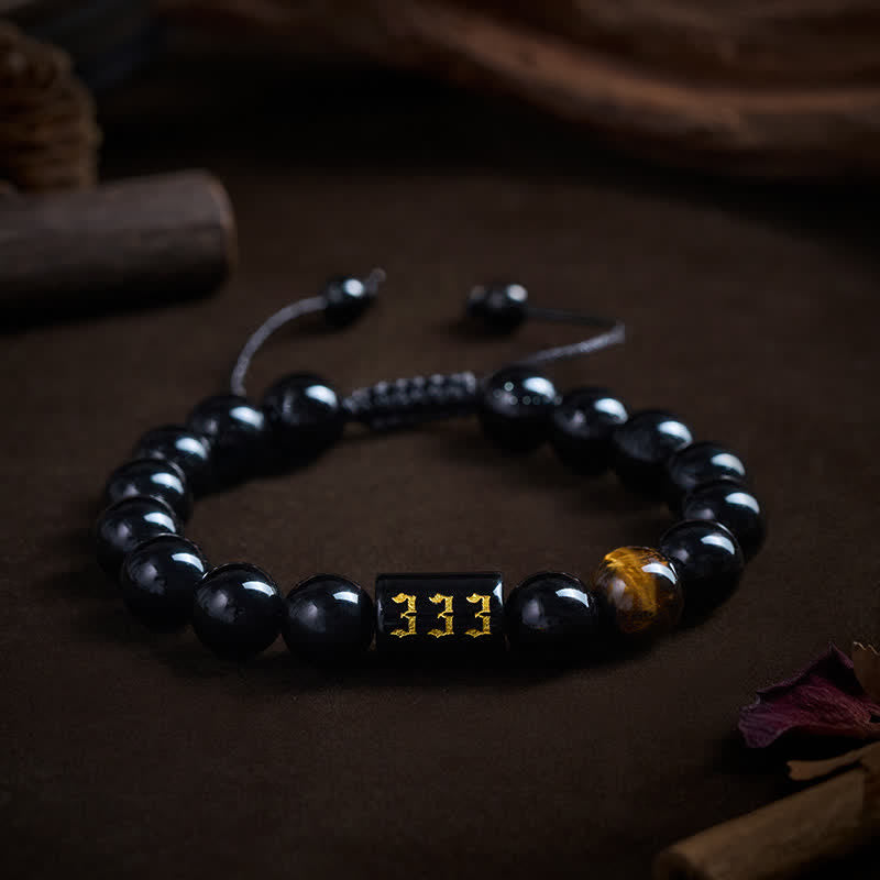 Buddha Stones Angel Number Natural Black Obsidian Tiger Eye Strength Fulfillment Bracelet - 333(Wrist Circumference 15-19cm) - image 0