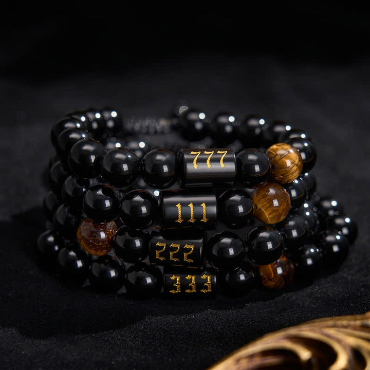 Buddha Stones Angel Number Natural Black Obsidian Tiger Eye Strength Fulfillment Bracelet - image 33