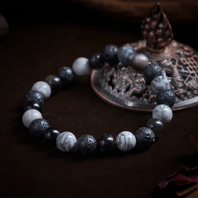 Buddha Stones Black Obsidian Lava Rock Picasso Jasper Beads Support Bracelet - image 3