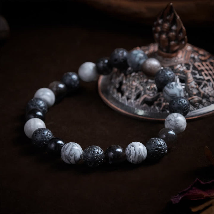 Buddha Stones Black Obsidian Lava Rock Picasso Jasper Beads Support Bracelet - image 3