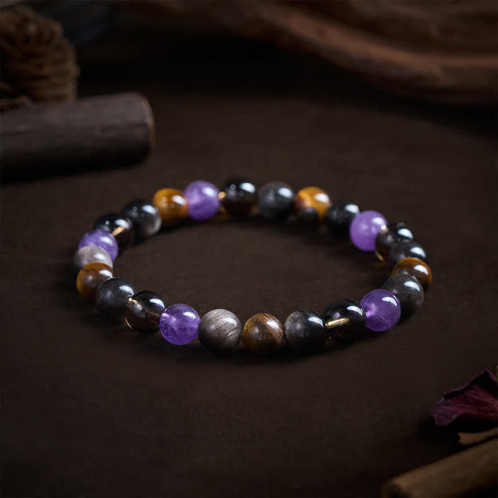 Buddha Stones Natural Amethyst Tiger Eye Black Obsidian Smoky Quartz Healing Bracelet - image 2