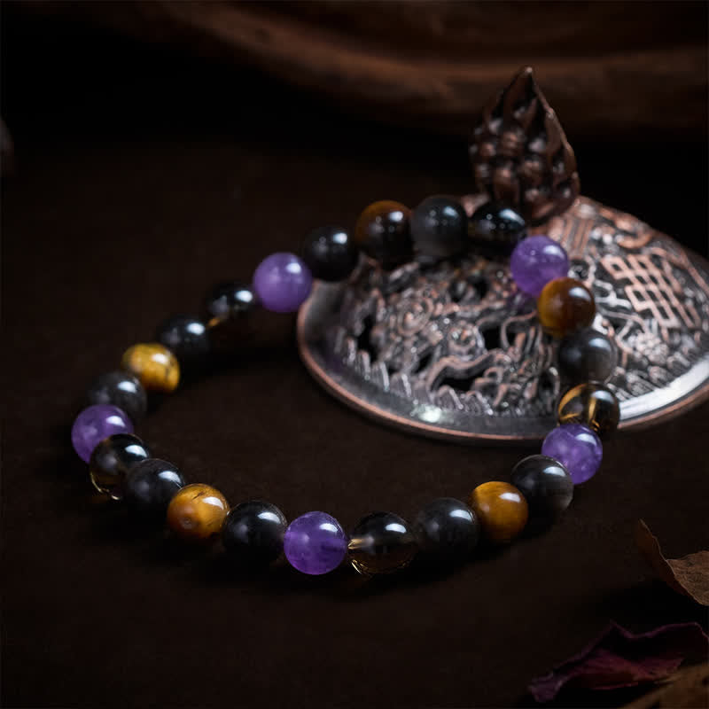 Buddha Stones Natural Amethyst Tiger Eye Black Obsidian Smoky Quartz Healing Bracelet - image 3