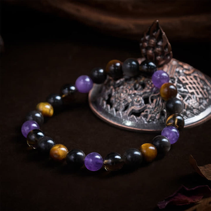 Buddha Stones Natural Amethyst Tiger Eye Black Obsidian Smoky Quartz Healing Bracelet - image 3