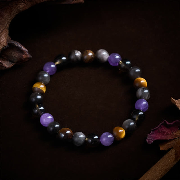 Buddha Stones Natural Amethyst Tiger Eye Black Obsidian Smoky Quartz Healing Bracelet - image 4