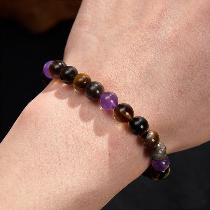 Buddha Stones Natural Amethyst Tiger Eye Black Obsidian Smoky Quartz Healing Bracelet - image 5
