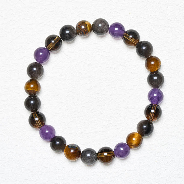 Buddha Stones Natural Amethyst Tiger Eye Black Obsidian Smoky Quartz Healing Bracelet - image 1