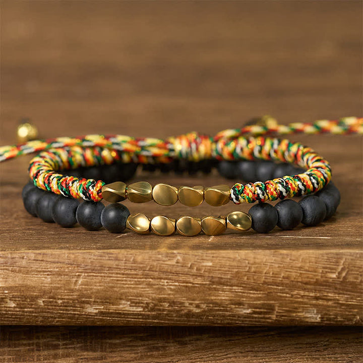 Buddha Stones 2Pcs Natural Frosted Stone Bead Copper String Cure Bracelet - Multicolor + Frosted Stone(Wrist Circumference:17-28cm) - image 0