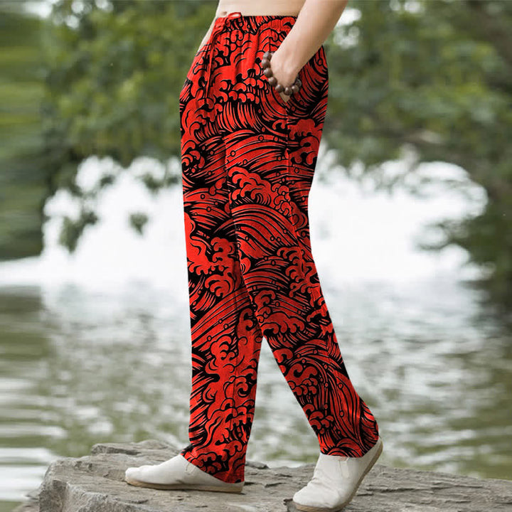 Buddha Stones Cotton Ocean Wave Pattern Men's Tapered Pants With Pockets - image 5