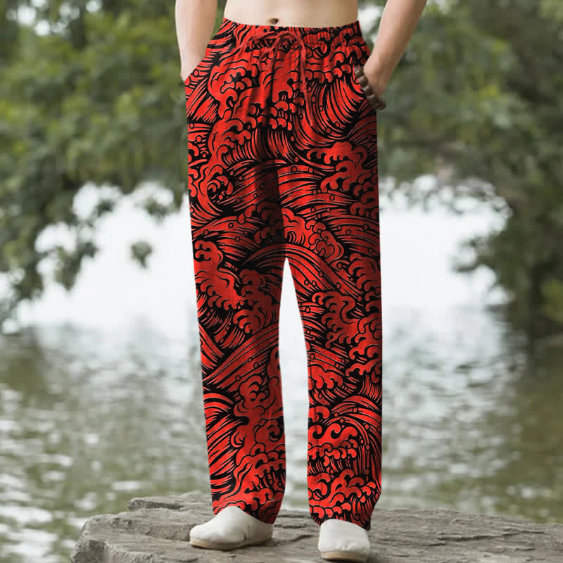 Buddha Stones Cotton Ocean Wave Pattern Men's Tapered Pants With Pockets - Crimson - US/UK/AU50，EU60 (5XL) - image 4