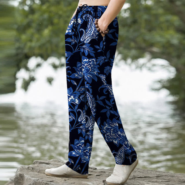 Buddha Stones Cotton Blue Floral Paisley Pattern Men's Tapered Pants With Pockets - image 1