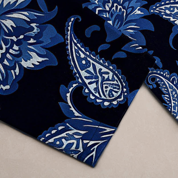 Buddha Stones Cotton Blue Floral Paisley Pattern Men's Tapered Pants With Pockets - image 3