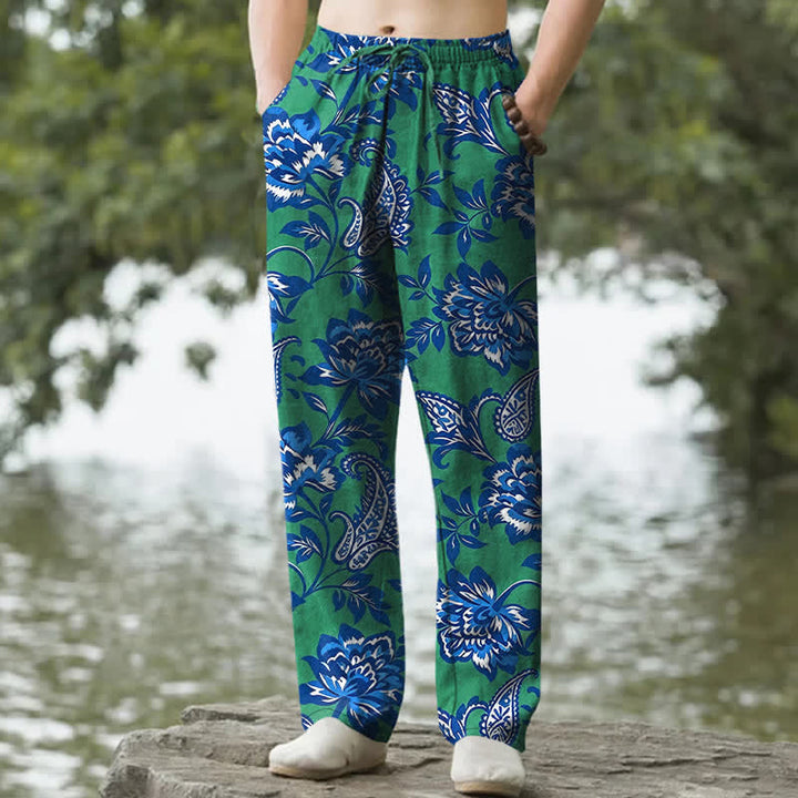 Buddha Stones Cotton Blue Floral Paisley Pattern Men's Tapered Pants With Pockets - MediumSeaGreen - US/UK/AU50，EU60 (5XL) - image 6