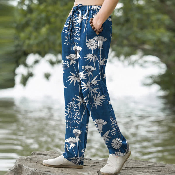 Buddha Stones Cotton Bamboo Leaf Floral Pattern Men's Tapered Pants With Pockets - image 1