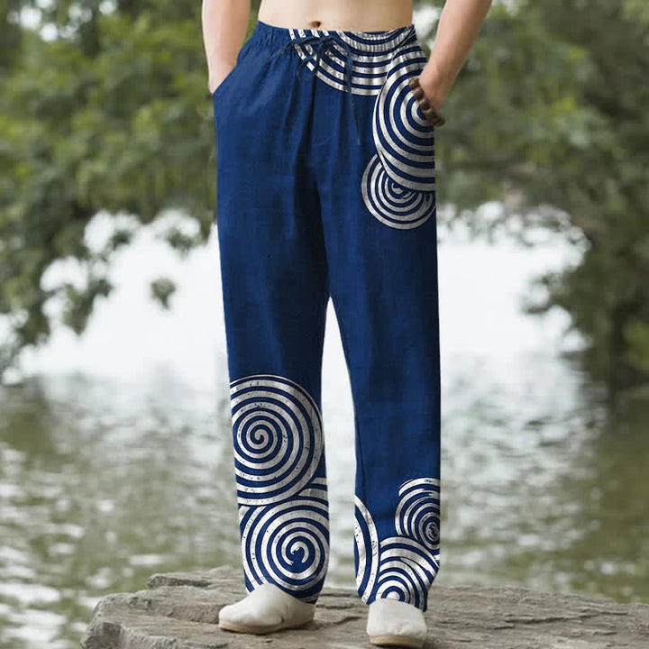 Buddha Stones Pure Cotton Concentric Circle Pattern Men's Tapered Pants With Pockets - Navy - US/UK/AU50，EU60 (5XL) - image 0