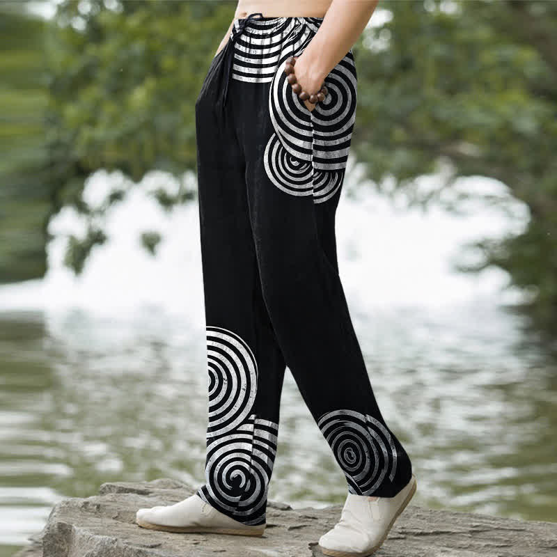 Buddha Stones Pure Cotton Concentric Circle Pattern Men's Tapered Pants With Pockets - image 5