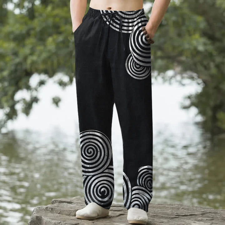 Buddha Stones Pure Cotton Concentric Circle Pattern Men's Tapered Pants With Pockets - Black - US/UK/AU50，EU60 (5XL) - image 4