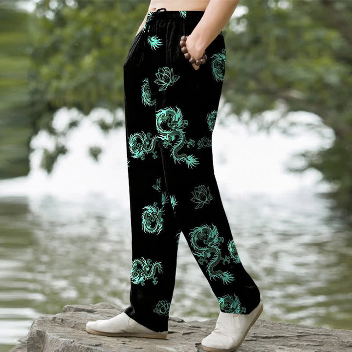 Buddha Stones Cotton Dragon Lotus Pattern Men's Tapered Pants With Pockets - image 5