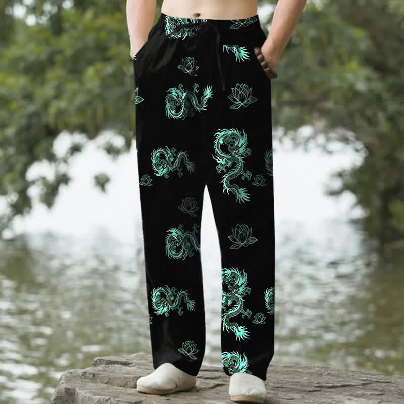 Buddha Stones Cotton Dragon Lotus Pattern Men's Tapered Pants With Pockets - Aquamarine - US/UK/AU50，EU60 (5XL) - image 4