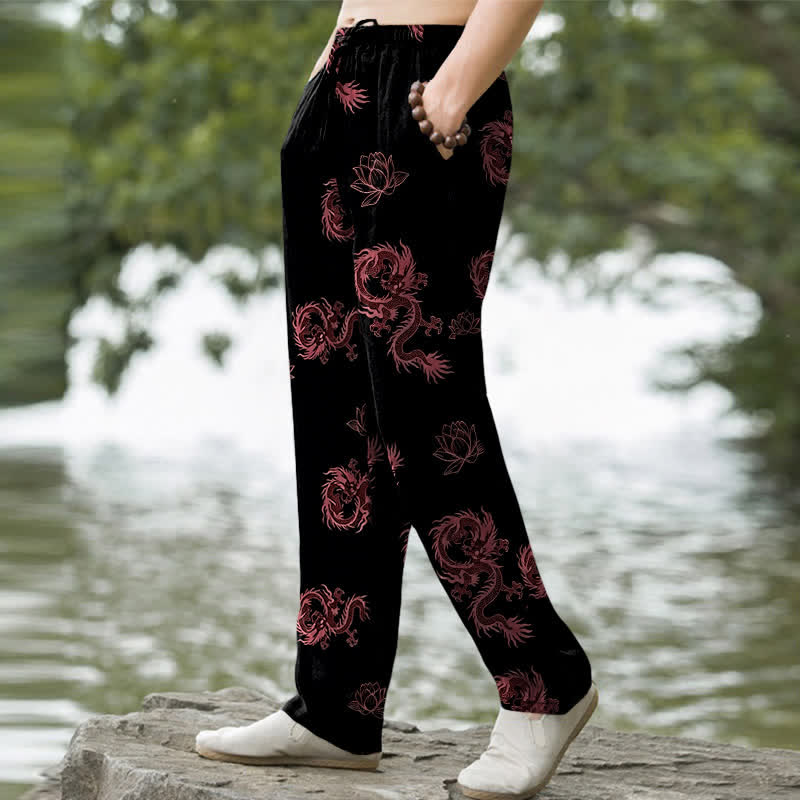 Buddha Stones Cotton Dragon Lotus Pattern Men's Tapered Pants With Pockets - image 7