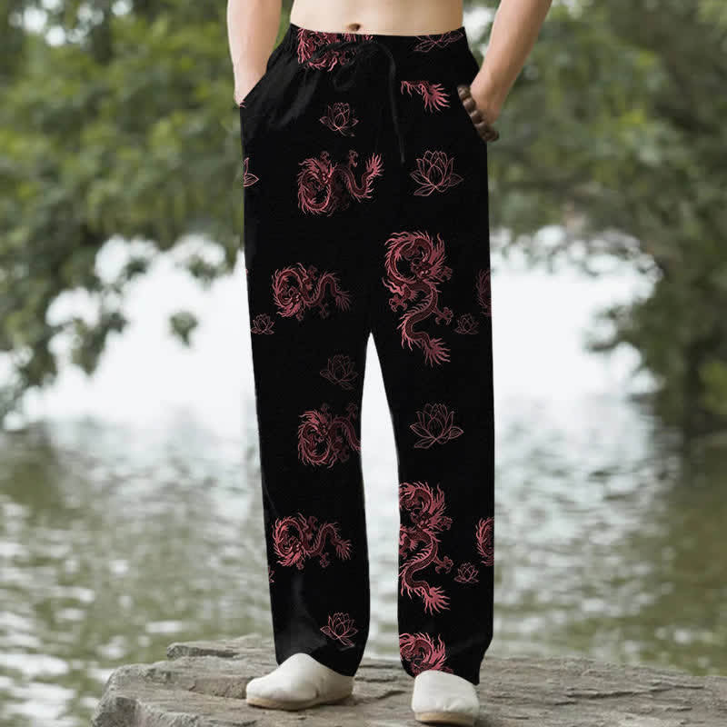 Buddha Stones Cotton Dragon Lotus Pattern Men's Tapered Pants With Pockets - Tomato - US/UK/AU50，EU60 (5XL) - image 6