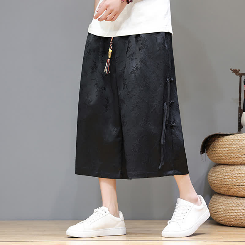 Buddha Stones Summer Tang Style Side Frog Button Men's Straight Leg Pants With Pockets - Black - US/UK/AU48，EU58(5XL) - image 0