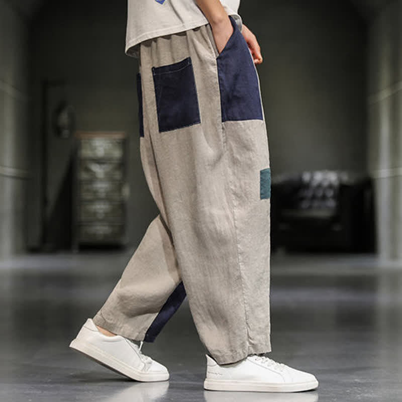 Buddha Stones Spring Casual Color Block Cotton Linen Cropped Men's Harem Pants With Pockets - image 2