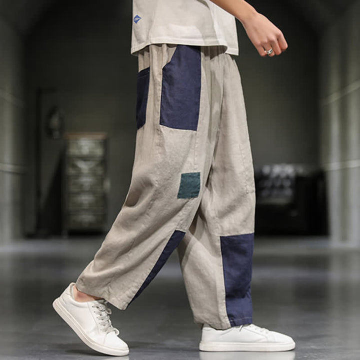 Buddha Stones Spring Casual Color Block Cotton Linen Cropped Men's Harem Pants With Pockets - image 3