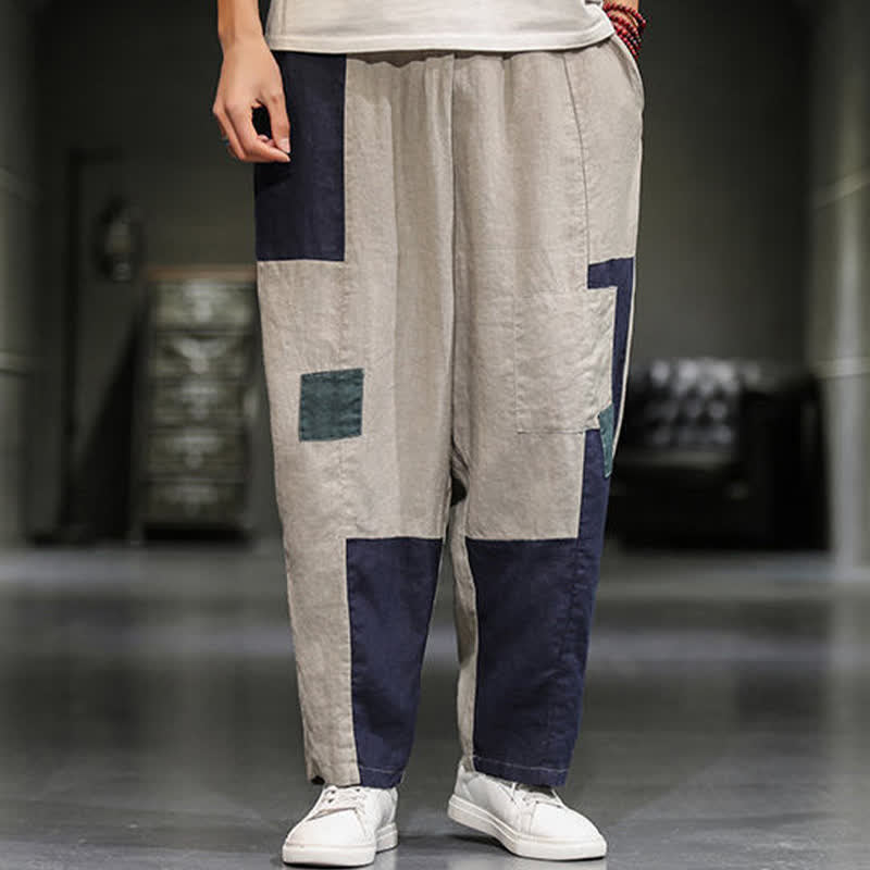 Buddha Stones Spring Casual Color Block Cotton Linen Cropped Men's Harem Pants With Pockets - image 6