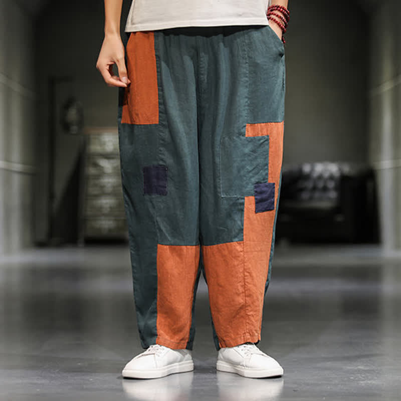 Buddha Stones Spring Casual Color Block Cotton Linen Cropped Men's Harem Pants With Pockets - CadetBlue - US/UK/AU48，EU58(5XL) - image 11