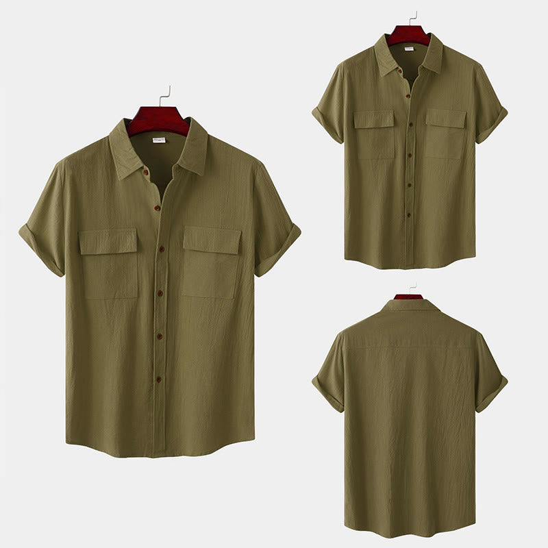 Buddha Stones Summer Casual Solid Buttons Men's Short Sleeve Shirts With Decorative Pockets - image 58