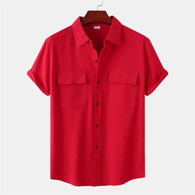 Buddha Stones Summer Casual Solid Buttons Men's Short Sleeve Shirts With Decorative Pockets - Crimson - US/UK/AU46，EU56 (3XL) - image 71