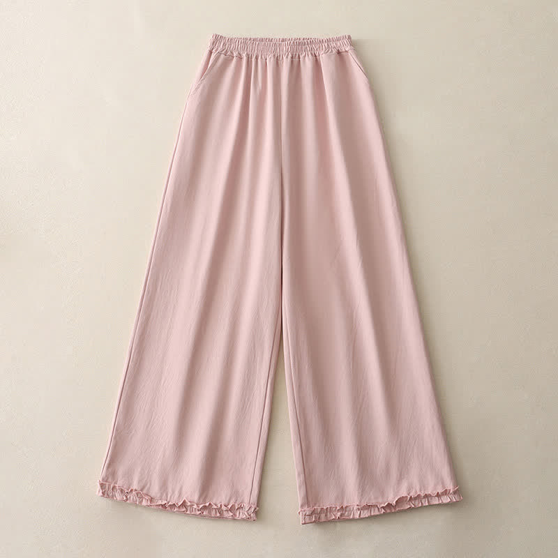 Buddha Stones Spring Casual Solid Cotton Ruffle Hem Women's Wide Leg Pants With Pockets - image 14