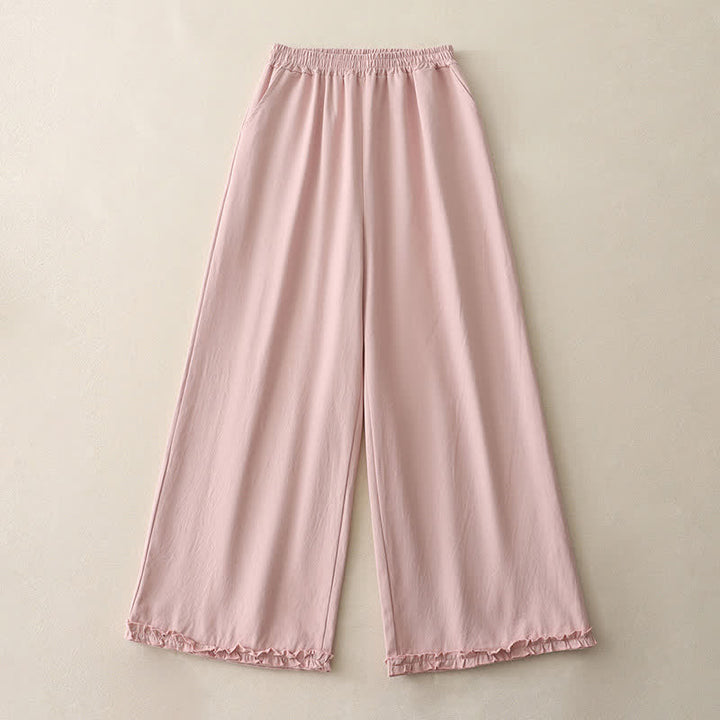 Buddha Stones Spring Casual Solid Cotton Ruffle Hem Women's Wide Leg Pants With Pockets - image 14