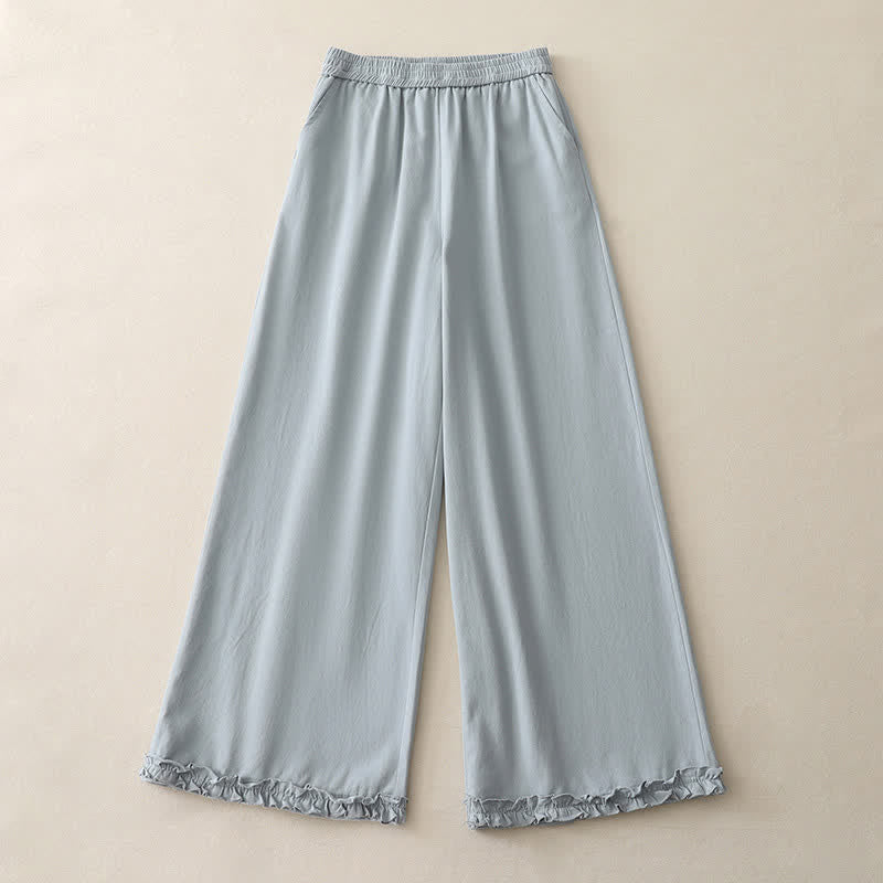 Buddha Stones Spring Casual Solid Cotton Ruffle Hem Women's Wide Leg Pants With Pockets - image 1